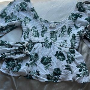 Hollister White and Green Floral Blouse